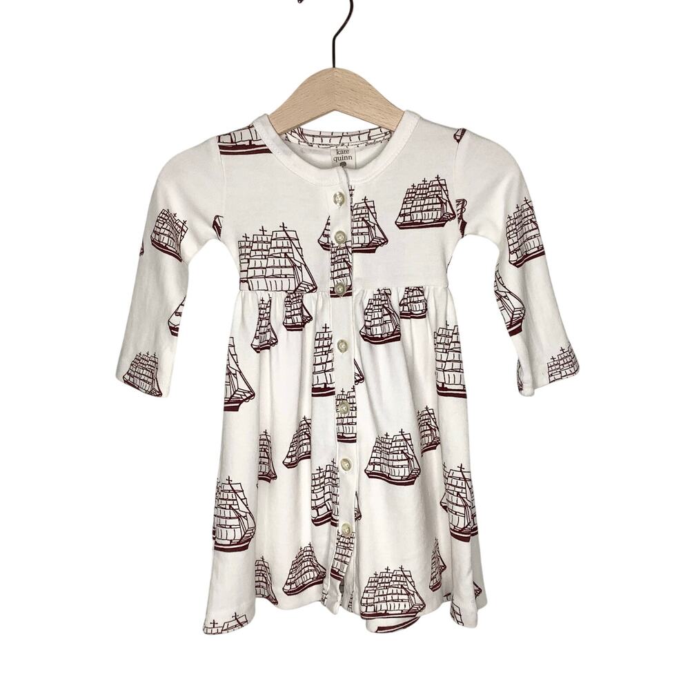 Kate Quinn White Brown Tall Ship Sail Boat Long Sleeve Dress 12-18 Months NWT
